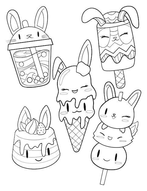 A coloring page of ice cream and a bunny hand drawn