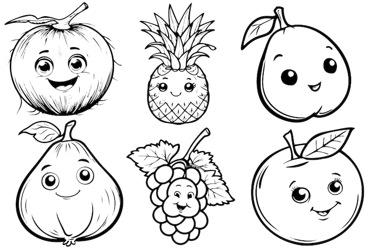 Coloring page illustration of smiling fruits including an coconut pineapple mango fig grape and