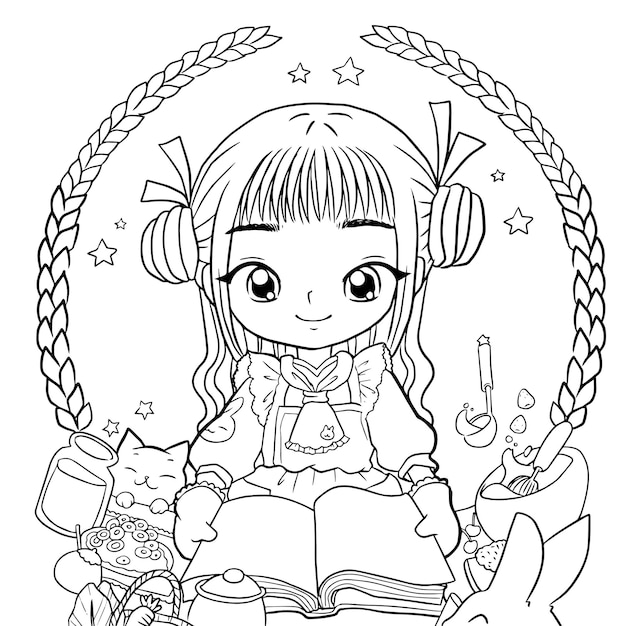 Coloring page girl cartoon anime cute character  Download on Freepik