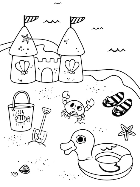 Coloring page for kids in beach theme vector illustration