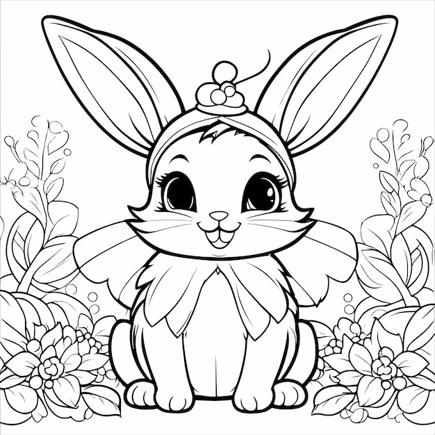 Раскраска для детей, милый пушистый сказочный кролик в мультяшном стиле, толстые линии