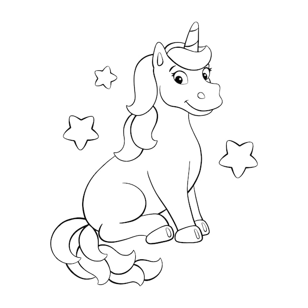 Coloring page for kids Digital stamp Cute unicorn Cartoon style character