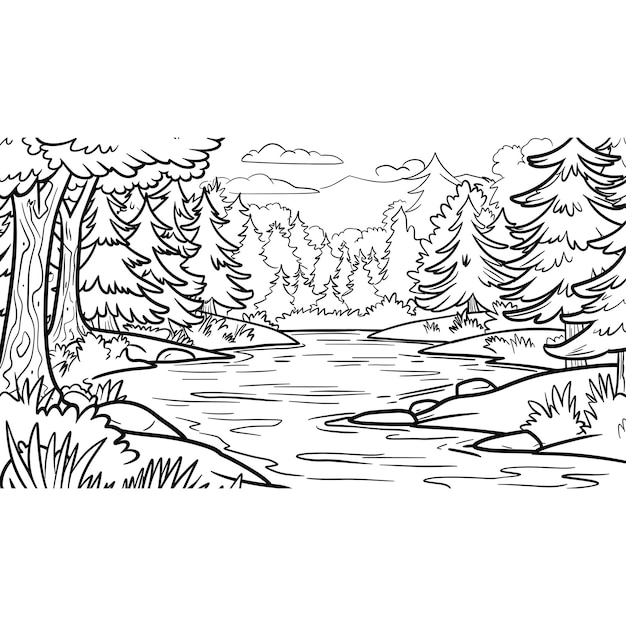 Vector coloring page for kids forest river coloring pages vector