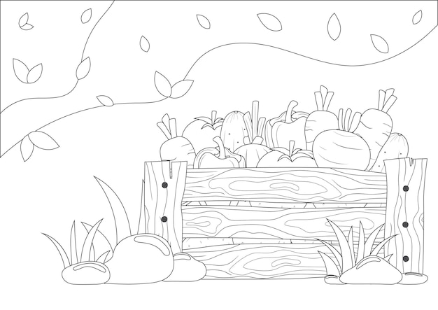 Coloring page for kids. Vegetables in the wooden box. Printable coloring pages. Layout in A4.