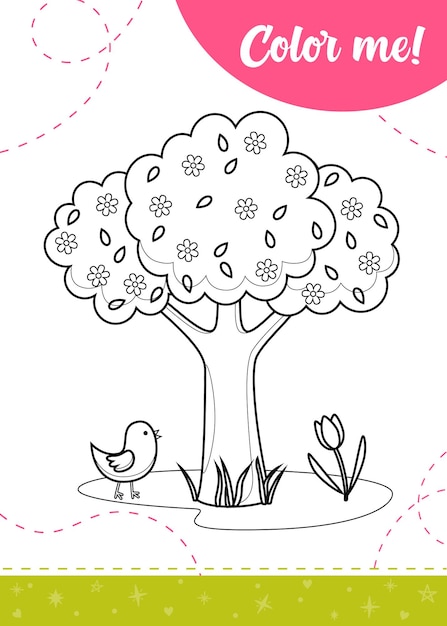 Coloring page for kids with blooming treeflowers and chick