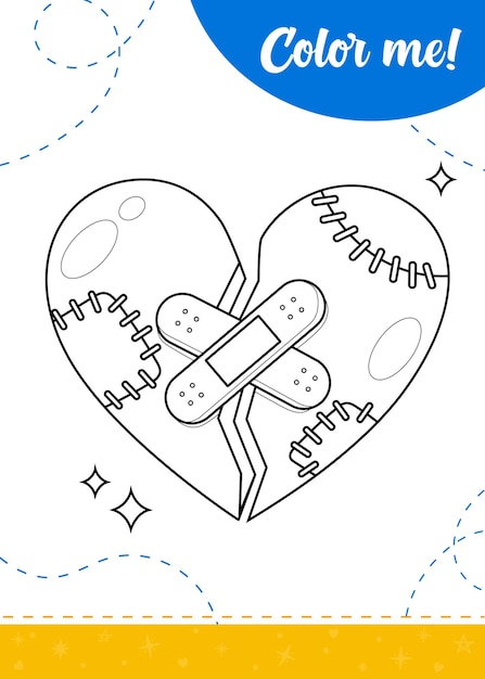 Coloring page for kids with cartoon broken heart A printable worksheet vector illustration