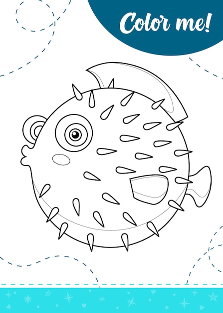 Coloring page for kids with cartoon puffer fish