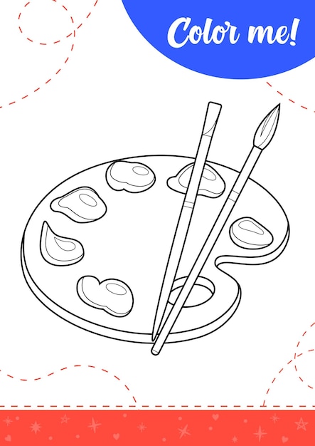 Coloring page for kids with color art palette and brushes