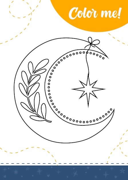 Vector coloring page for kids with cute boho moon element