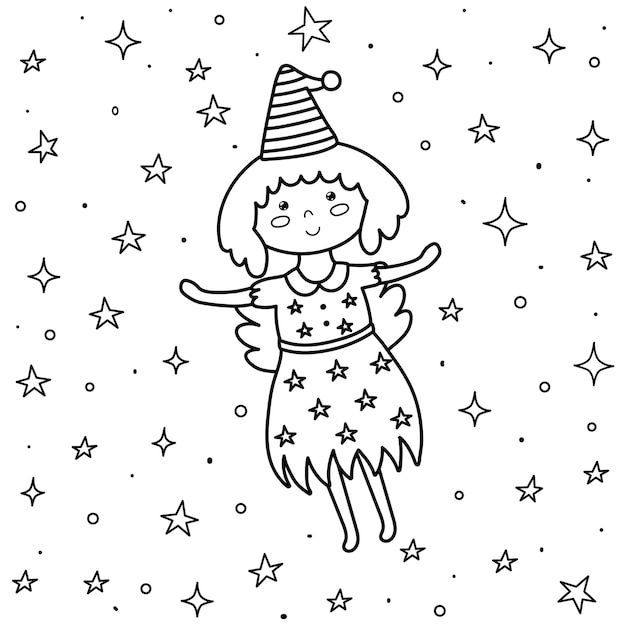 Coloring page for kids with a cute fairy. fantasy little witch flying in the night sky. black and white background.