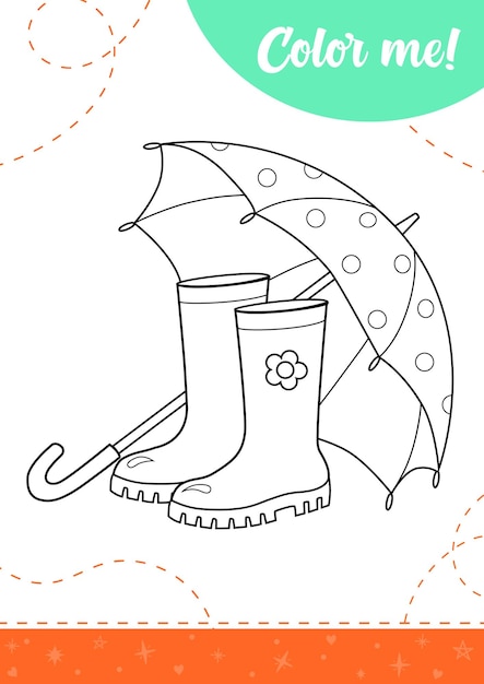 Coloring page for kids with rubber boots and umbrella