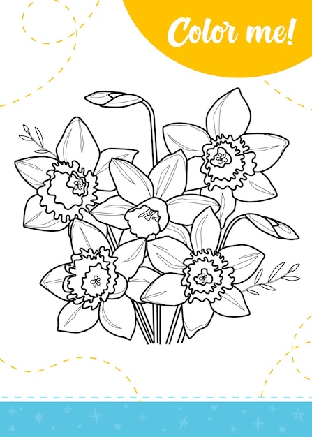 Coloring page for kids with spring flowers