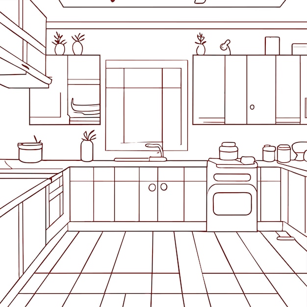 벡터 색칠 페이지 주방 방 인테리어 홈  ⁇ 터 일러스트