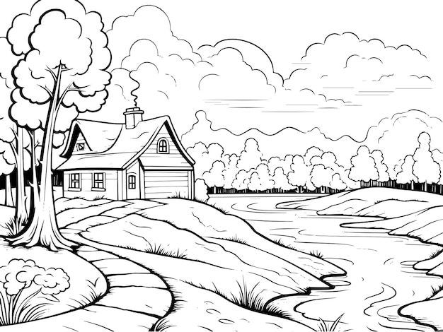 Vector coloring page landscape for kids