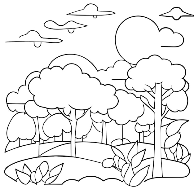 coloring page landscape nature scenes with sun clouds or meadow landscape scene many trees flower