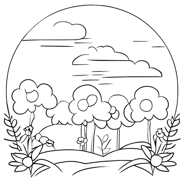 Vector coloring page landscape nature scenes with sun clouds or meadow landscape scene many trees flower