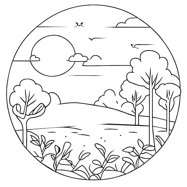 Coloring page landscape nature scenes with sun clouds or meadow landscape scene many trees flower