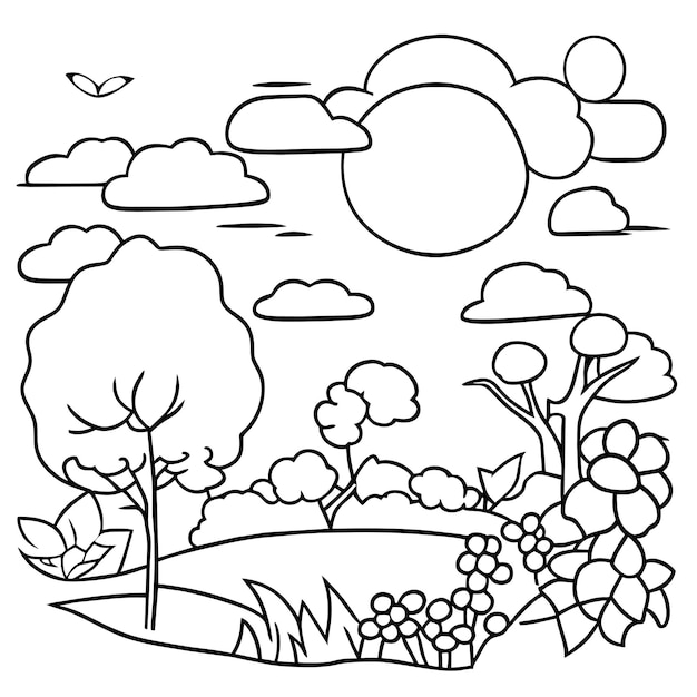 coloring page landscape nature scenes with sun clouds or meadow landscape scene many trees flower