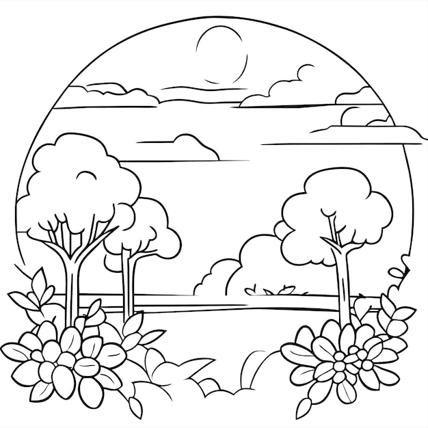 coloring page landscape nature scenes with sun clouds or meadow landscape scene many trees flower