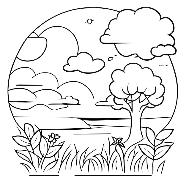 coloring page landscape nature scenes with sun clouds or meadow landscape scene many trees flower