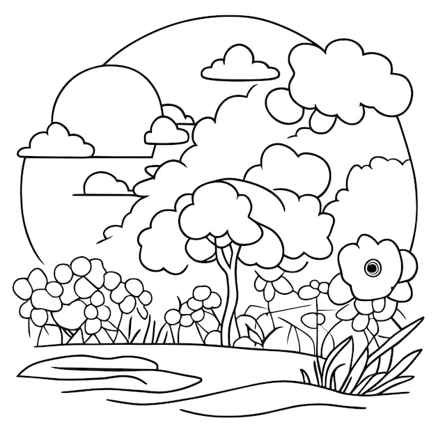 coloring page landscape nature scenes with sun clouds or meadow landscape scene many trees flower