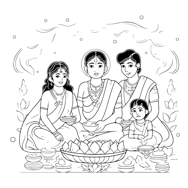 Vector coloring page line drawing krishna janmashtami day