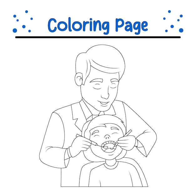 Vector coloring page little boy having his teeth checked by dentist