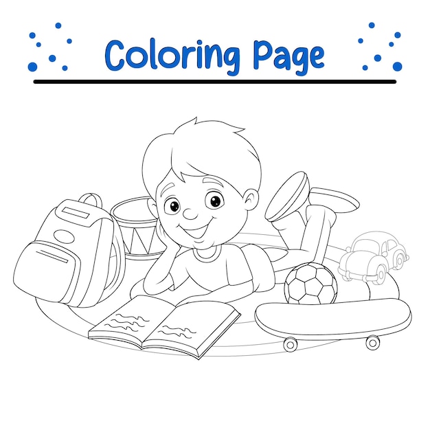 Vector coloring page little boy playing with toys