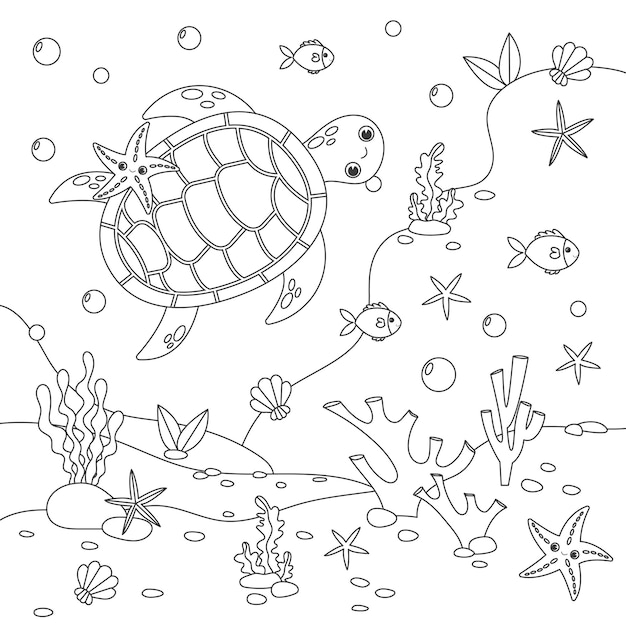 Coloring page Little cute sea turtle swims underwater with bubbles and smiles Doodle background