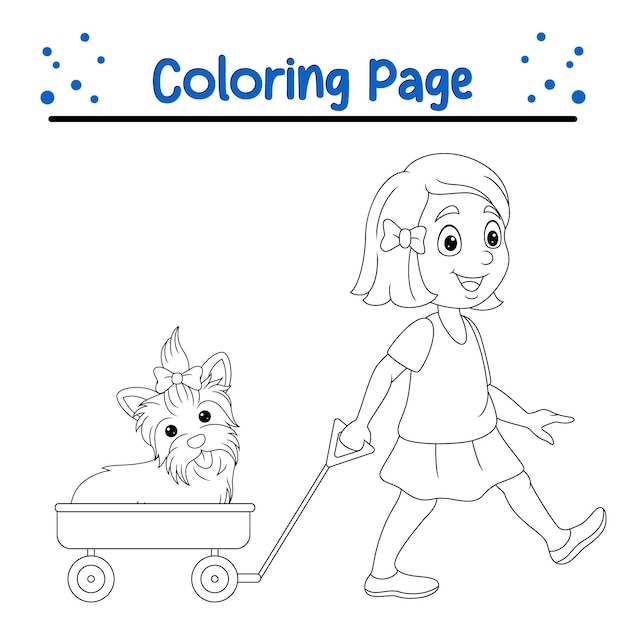 Vector coloring page little girl pulling wagon with puppy