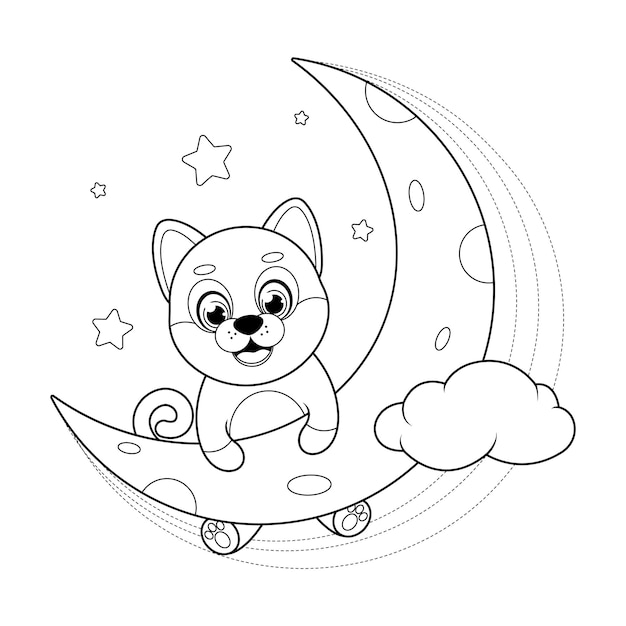 Coloring page Little shiba inu dog holding on to the moon in the sky