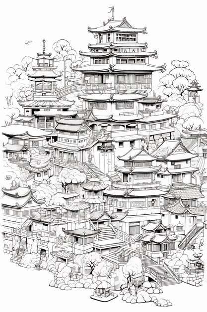 Vector coloring page lots of small individual separate japanese castles graffiti doodles