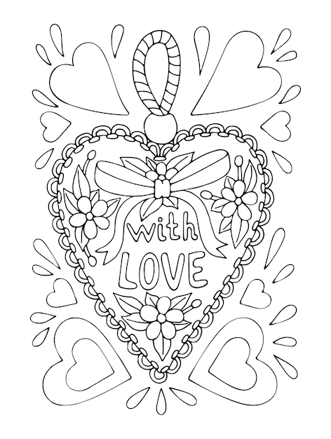 Coloring page love Textile heart pincushion with embroidered flowers Valentine design Hand drawn vector line art illustration Coloring book for children and adults Romantic sketch