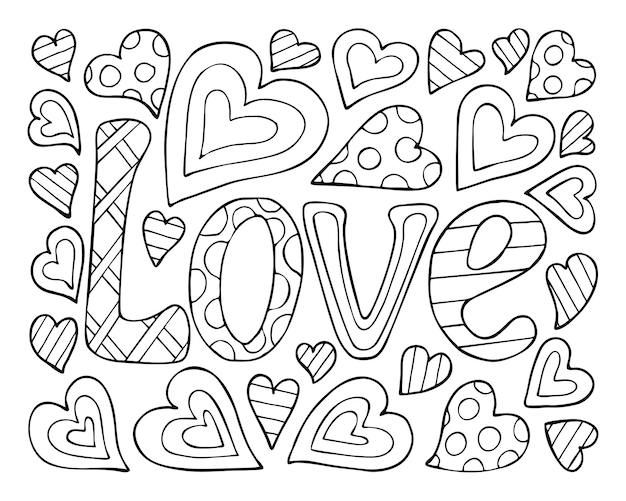 Pagina da colorare amore cuori di san valentino illustrazione romantica disegnata a mano per bambini e adulti.