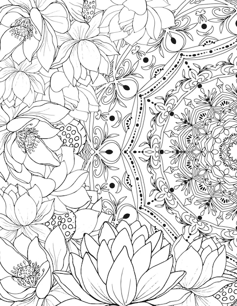 Coloring page Mandala and beautiful lotus flowers Coloring book for adults sketch of flowers