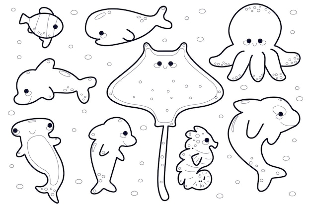 coloring page of marine life hand drawn sea animals cartoon isolated vector illustration