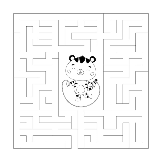 Coloring page and maze game for children  funny tiger skipping