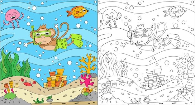 Vettore pagina da colorare di scimmie che nuotano nel mare per i bambini