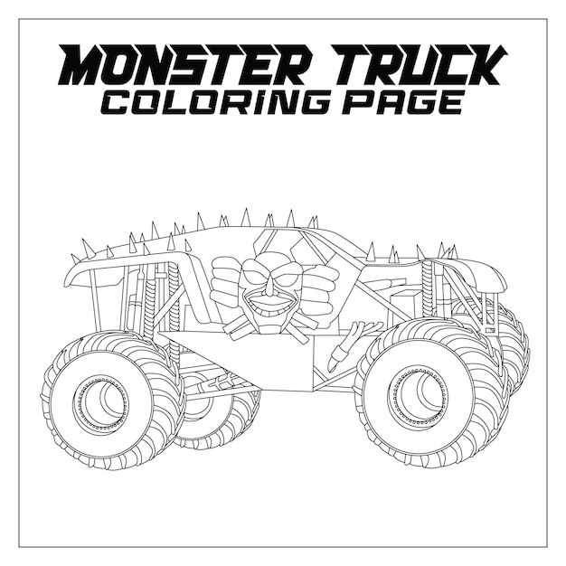 Vettore una pagina da colorare per monster truck con un mostro sulla parte anteriore.