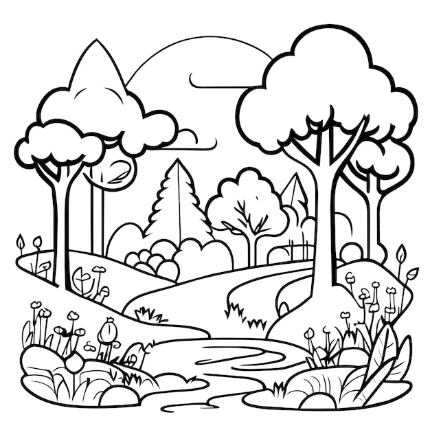 Vector coloring page nature park with trees and path scenery