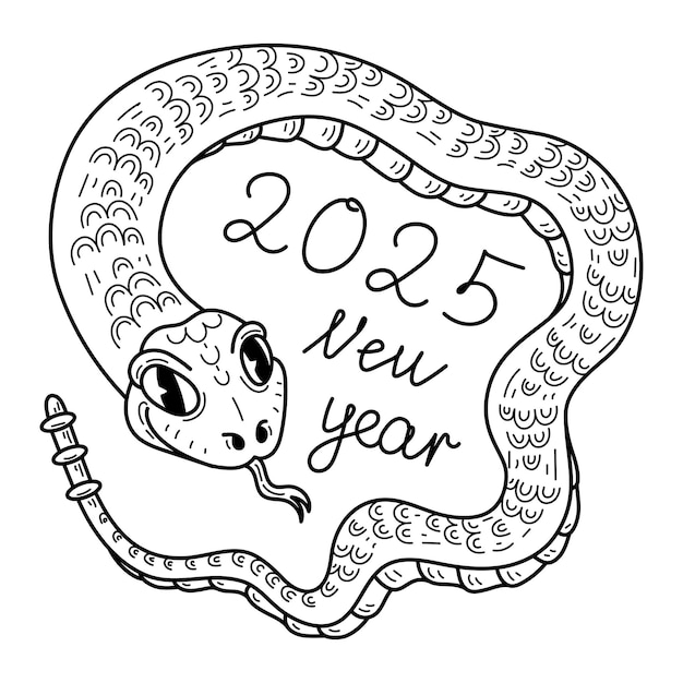 Vector coloring page new year 2025 rattlesnake hand drawn sketch illustration