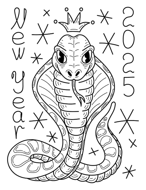 Coloring page New Year 2025 snake cobra Hand drawn sketch illustration