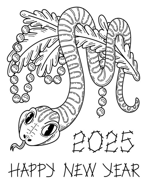 Vector coloring page new year 2025 snake on spruce branch hand drawn sketch illustration