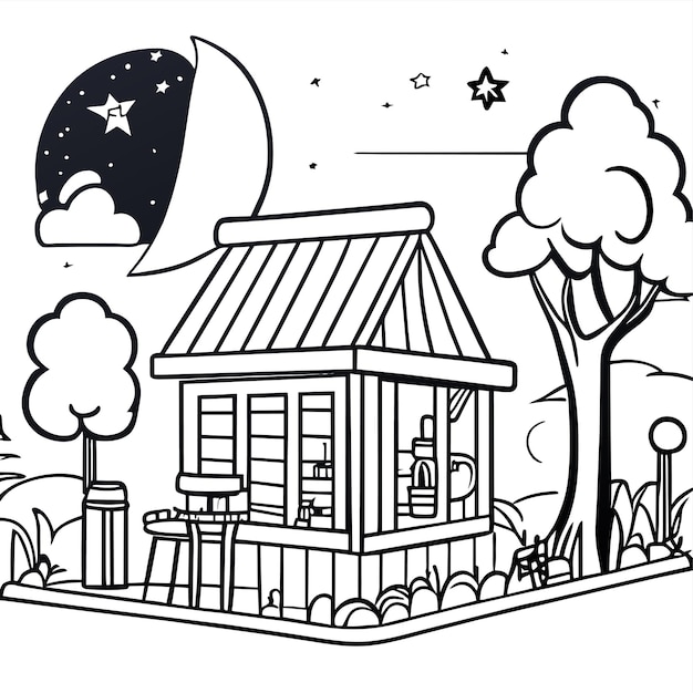 Vector coloring page night scene with beverage shop in park cartoon cityscape with outdoor