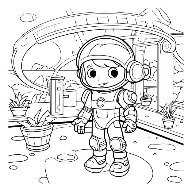 Vector coloring page outline of a astronaut in the spacesuit