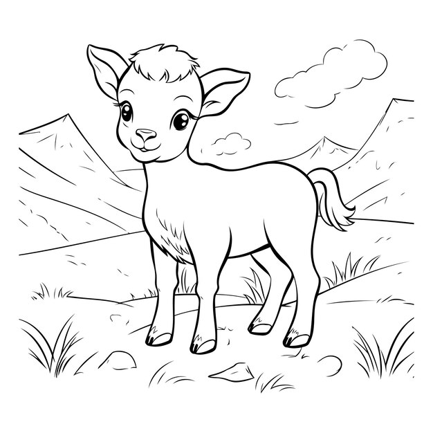 Vector coloring page outline of a baby deer in the meadow