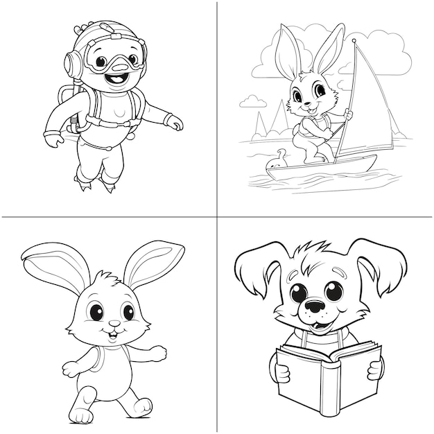 Coloring page outline Black and white animals illustration for coloring book Coloring for kids