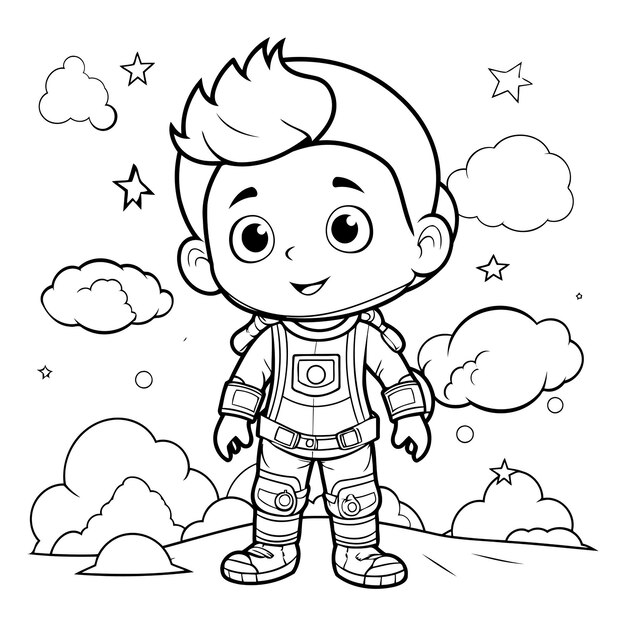 Vector coloring page outline of cartoon astronaut boy vector illustration