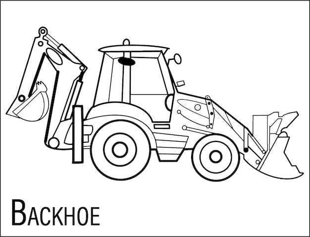 Vector coloring page outline of cartoon backhoe construction vehicles coloring book for kids