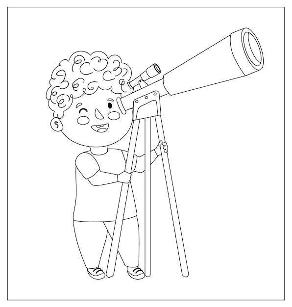 Coloring Page Outline Of a cartoon boy with telescope Space and astronomy Coloring book for kids